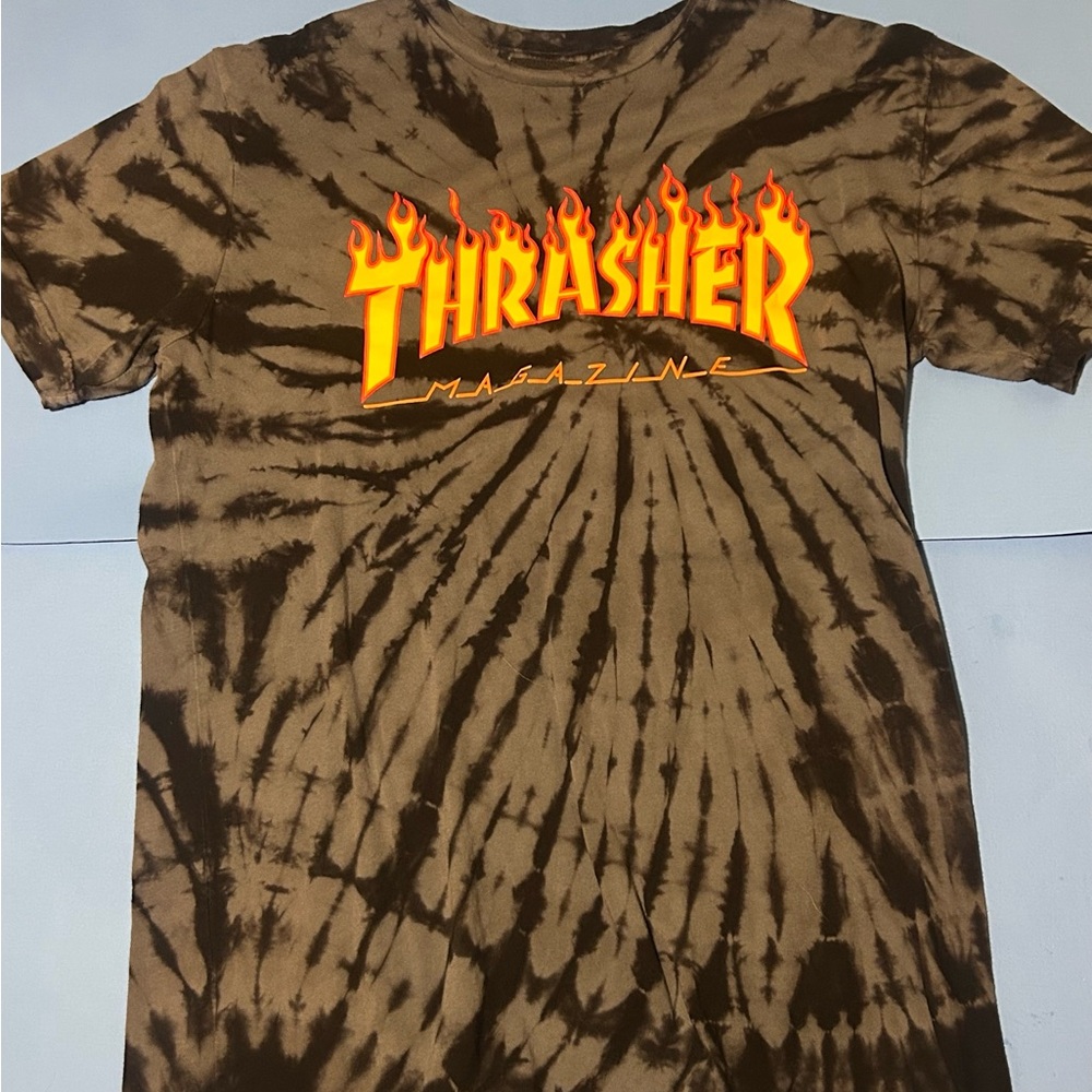 Thrasher Black & Grey Tie-Dye Tee with Fire Logo